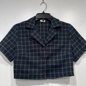 John Galt Vivian Plaid Flannel Crop Top Short Sleeve Green Blue Button Front